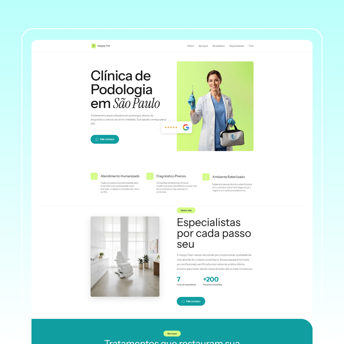 Site completo e landing page da Clínica de Podologia, criados pela StartFly