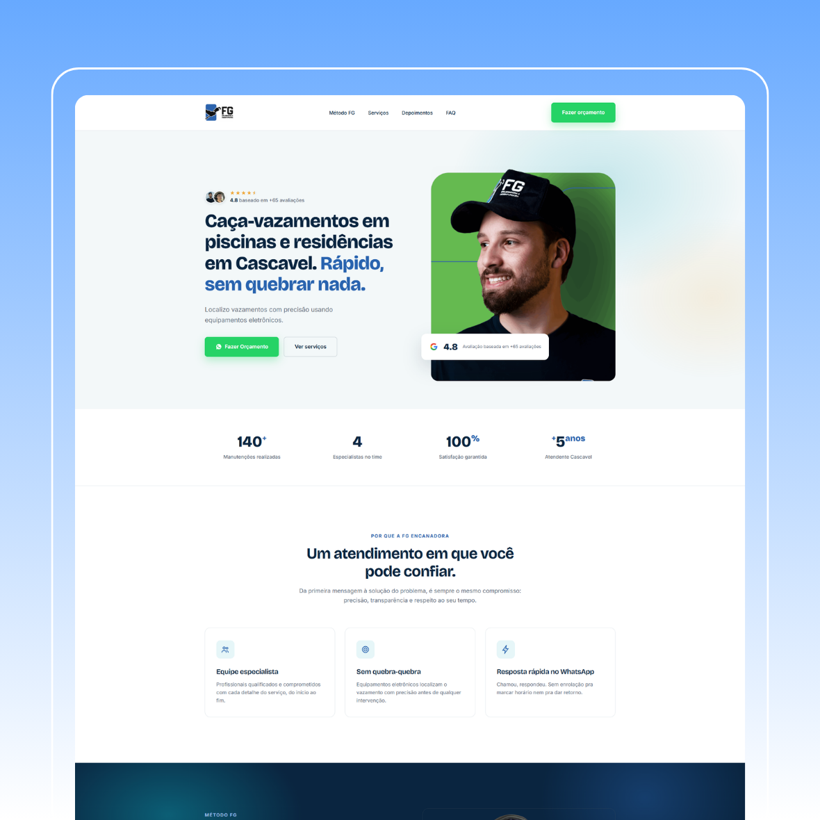 Landing page com WhatsApp de empresa de serviços, criada pela StartFly